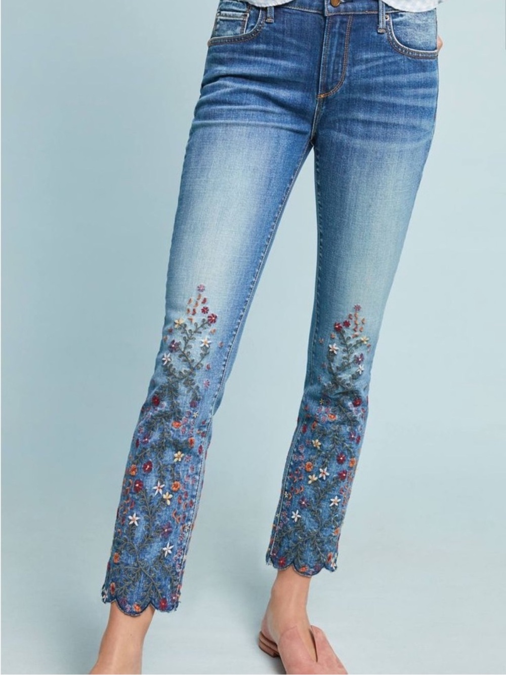 Driftwood Candace Embroidered Scalloped Hem Jean Floral Cropped Boho Festival 32